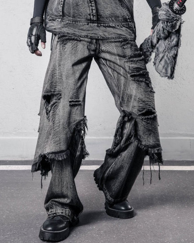 HEAVY-DISTRESSED DOUBLE-LAYER DENIM GRY