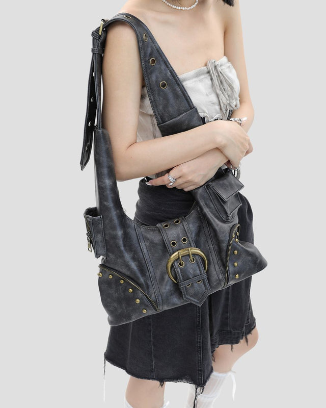 RIVETED BIKER HOBO BAG BLK