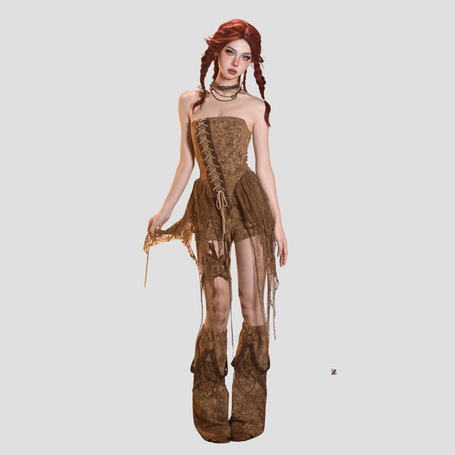 ASYMMETRIC EROSION DENIM TUBE-TOP