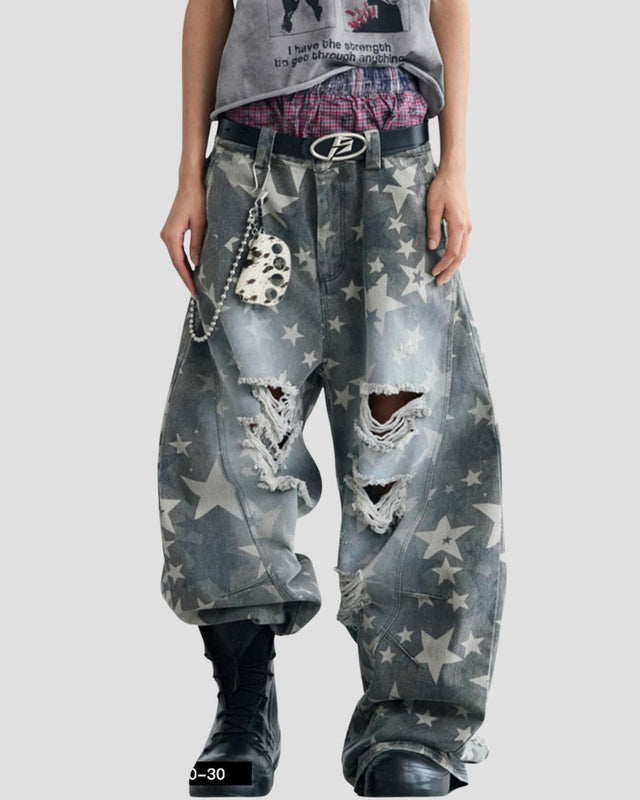 STAR-PATTERN DISTRESSED CURVED PANTS