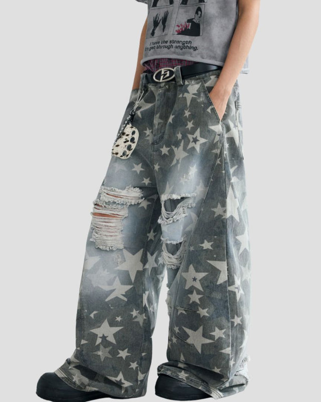 STAR-PATTERN DISTRESSED CURVED PANTS