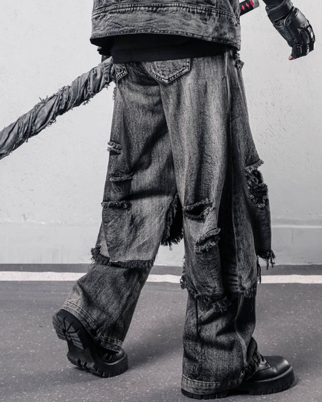 HEAVY-DISTRESSED DOUBLE-LAYER DENIM GRY