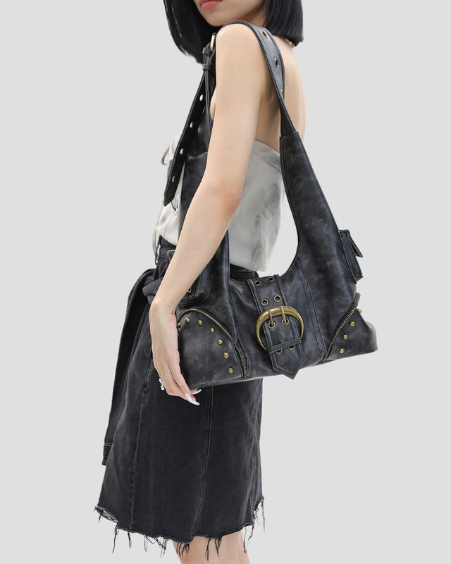 RIVETED BIKER HOBO BAG BLK