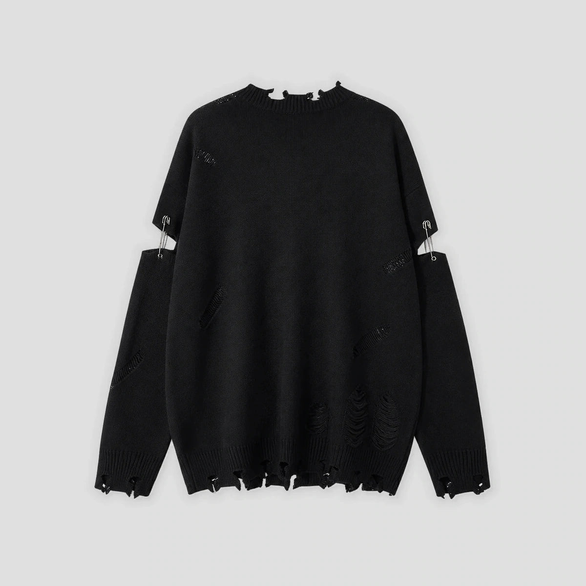 None Unit Cross Frame Layered Distressed Sweater in black product back view