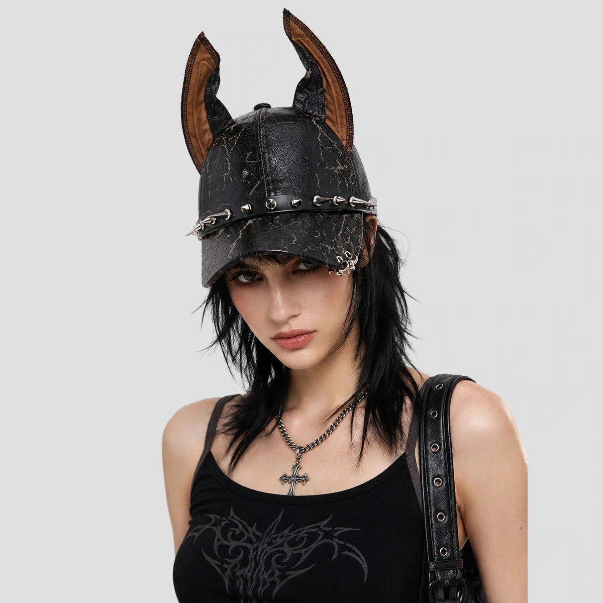 None Unit Gothic Dog Ear Pu Baseball Cap in black rivet female model front view