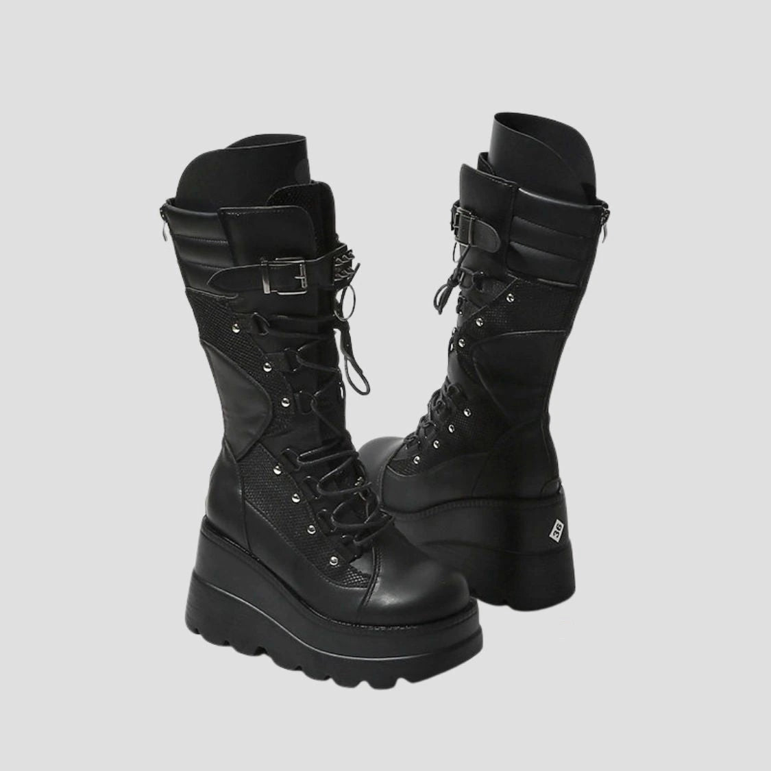 None Unit Heavy-Duty Punk Platform Biker Boots in black product front view