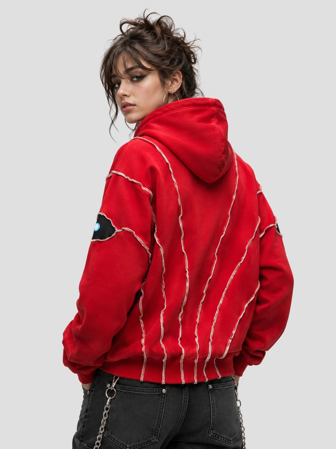 None Unit Abyss Eye Embroidered Hoodie in red female model back view