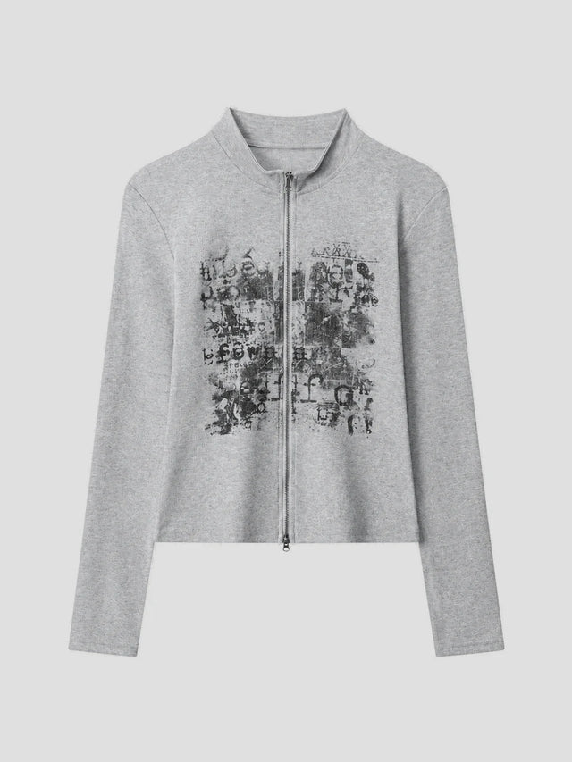 None Unit Archive Print Double-zip Top in heather gray product front view
