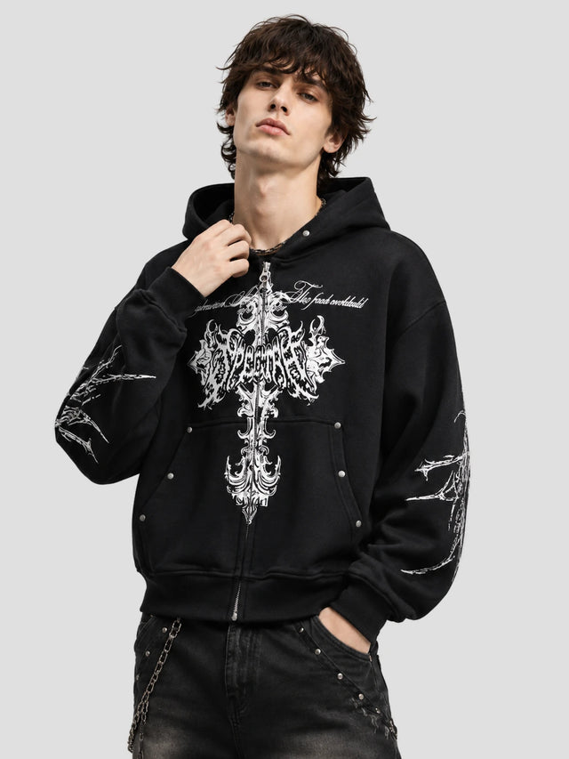 None Unit Barbed Cross Graphic Zip Hoodie in black model front view