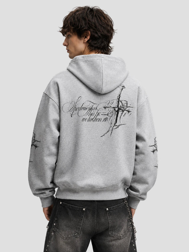 None Unit Barbed Cross Graphic Zip Hoodie in heather gray model back view