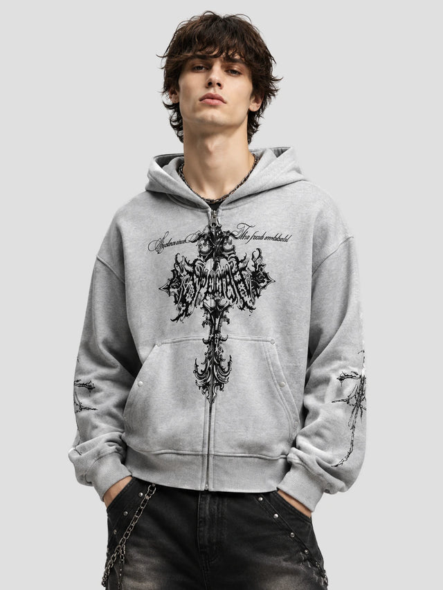 None Unit Barbed Cross Graphic Zip Hoodie in heather gray model front view