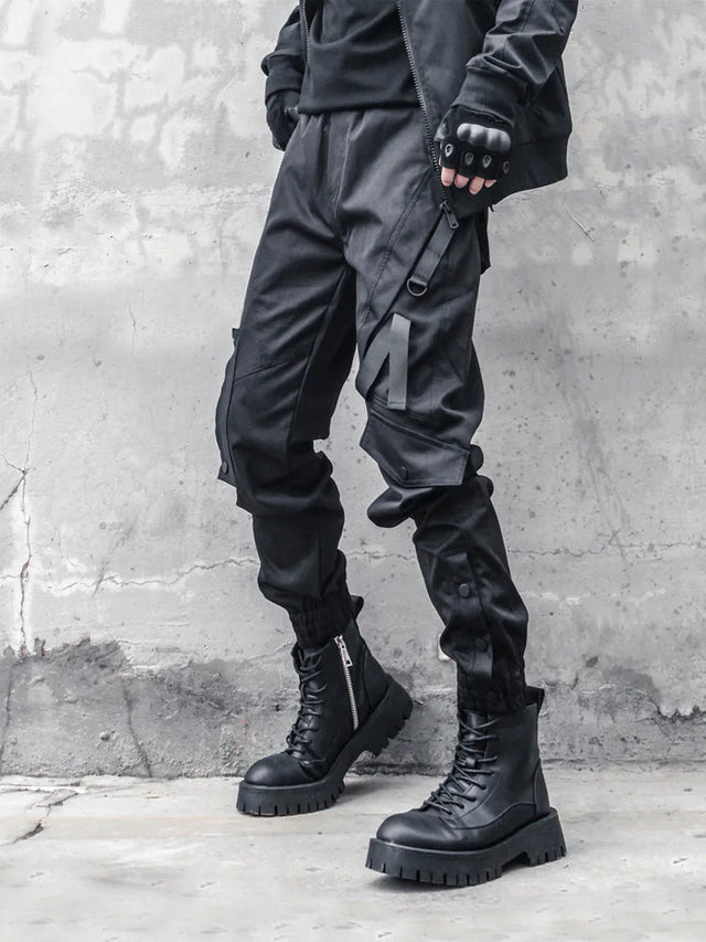 None Unit black strap cargo jogger pants outfit view