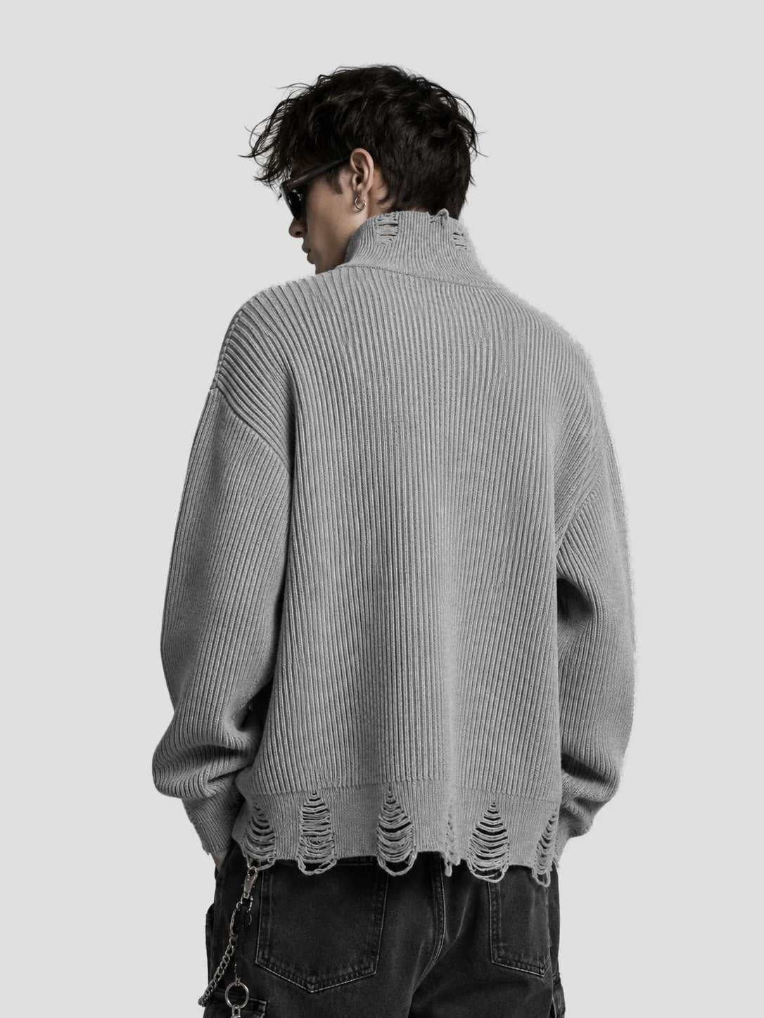 None Unit Cat & Dog Graphic Distressed Zip Knit in gray model back view