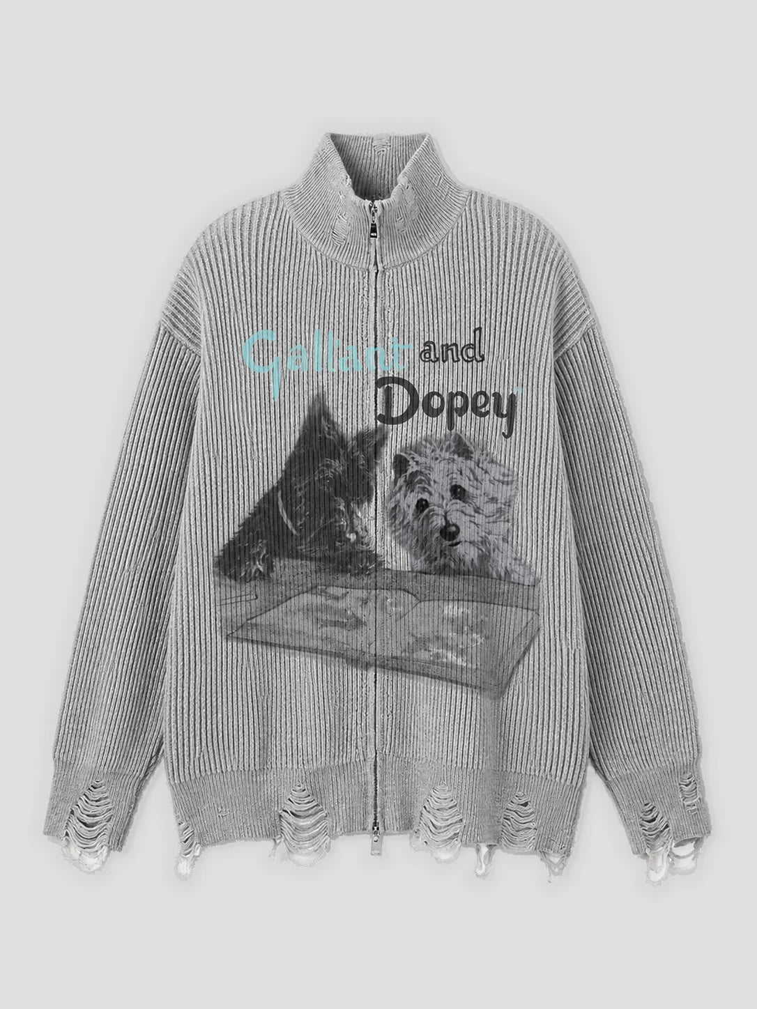 None Unit Cat & Dog Graphic Distressed Zip Knit in gray product front view