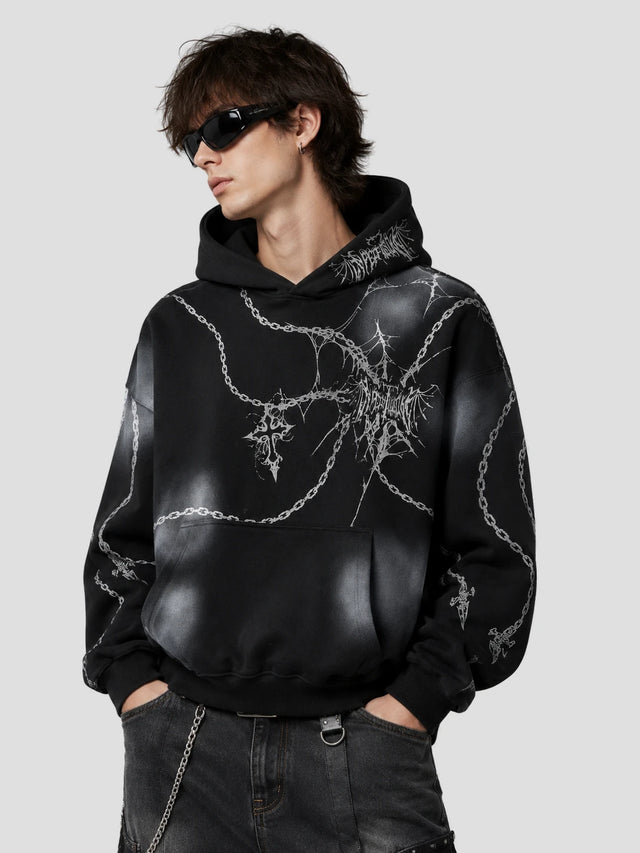 None Unit Chain Wraith Graphic Hoodie in black model front view