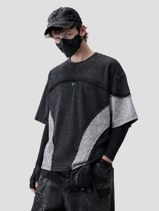 None Unit Circuit Panel Washed Tee in washed black model front view