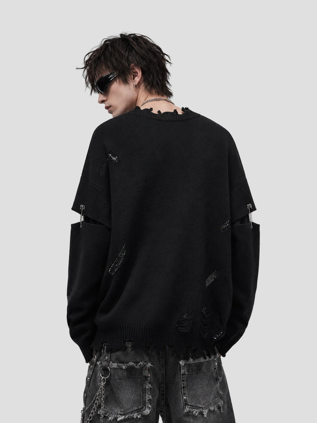 None Unit Cross Frame Layered Distressed Sweater in black model back view