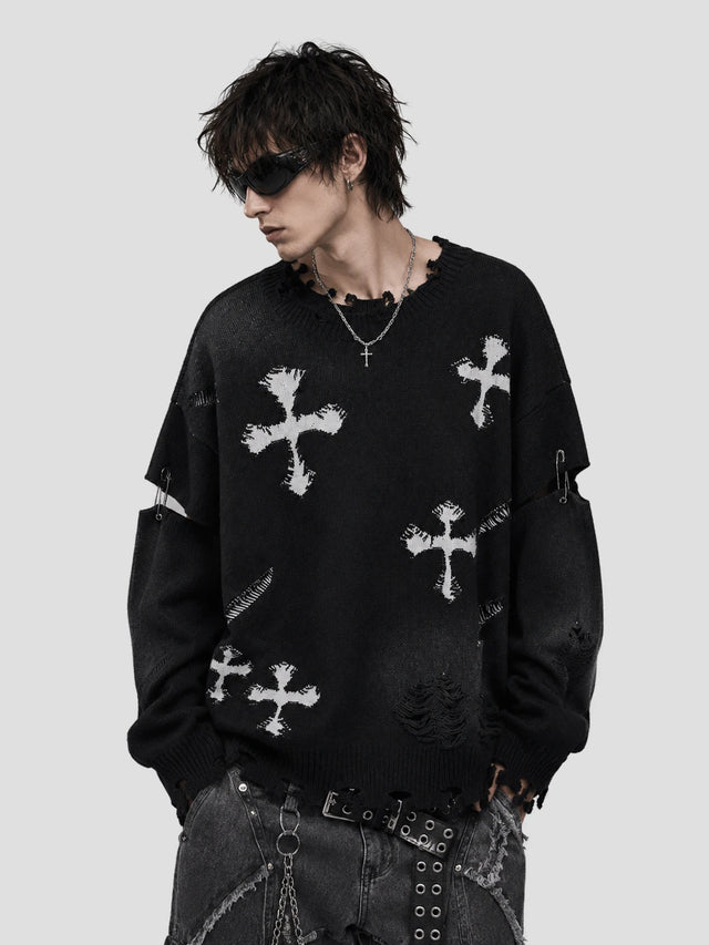 None Unit Cross Frame Layered Distressed Sweater in black model front view
