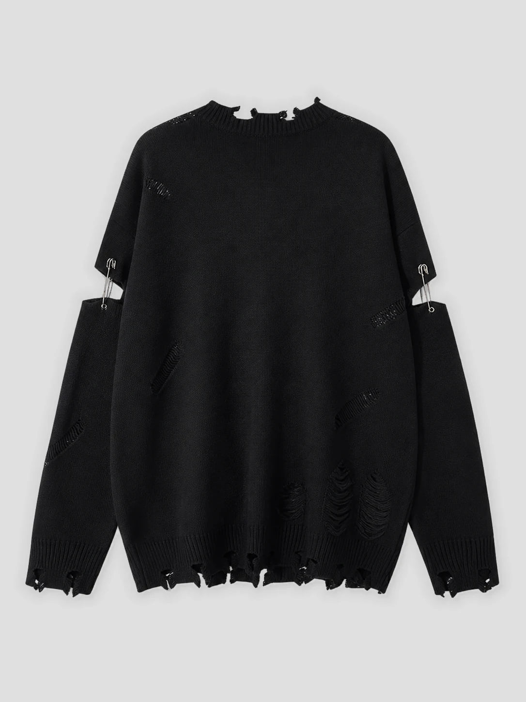 None Unit Cross Frame Layered Distressed Sweater in black product back view