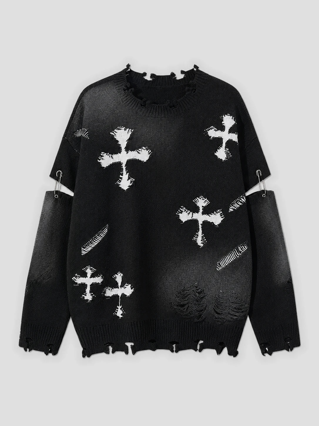 None Unit Cross Frame Layered Distressed Sweater in black product front view