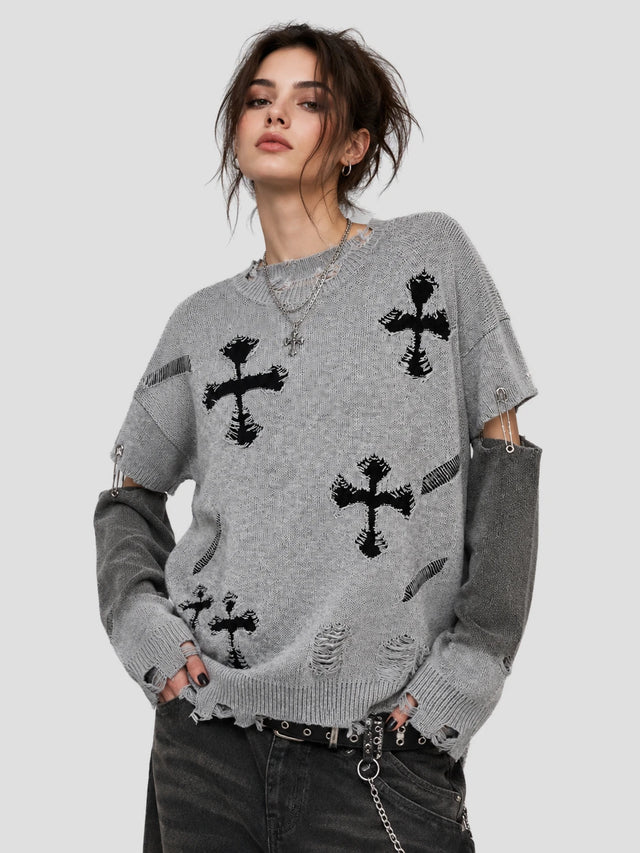 None Unit Cross Frame Layered Distressed Sweater in gray model front view