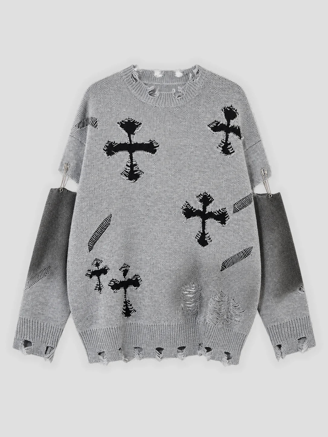 None Unit Cross Frame Layered Distressed Sweater in gray product front view