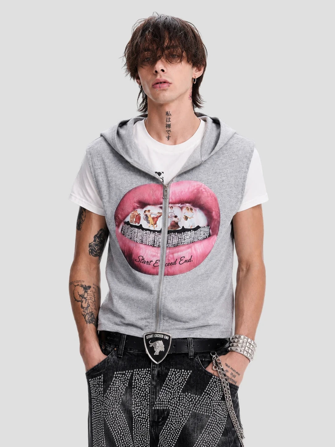 None Unit Crystal Lips Zip Hooded Vest in heather gray male model front view