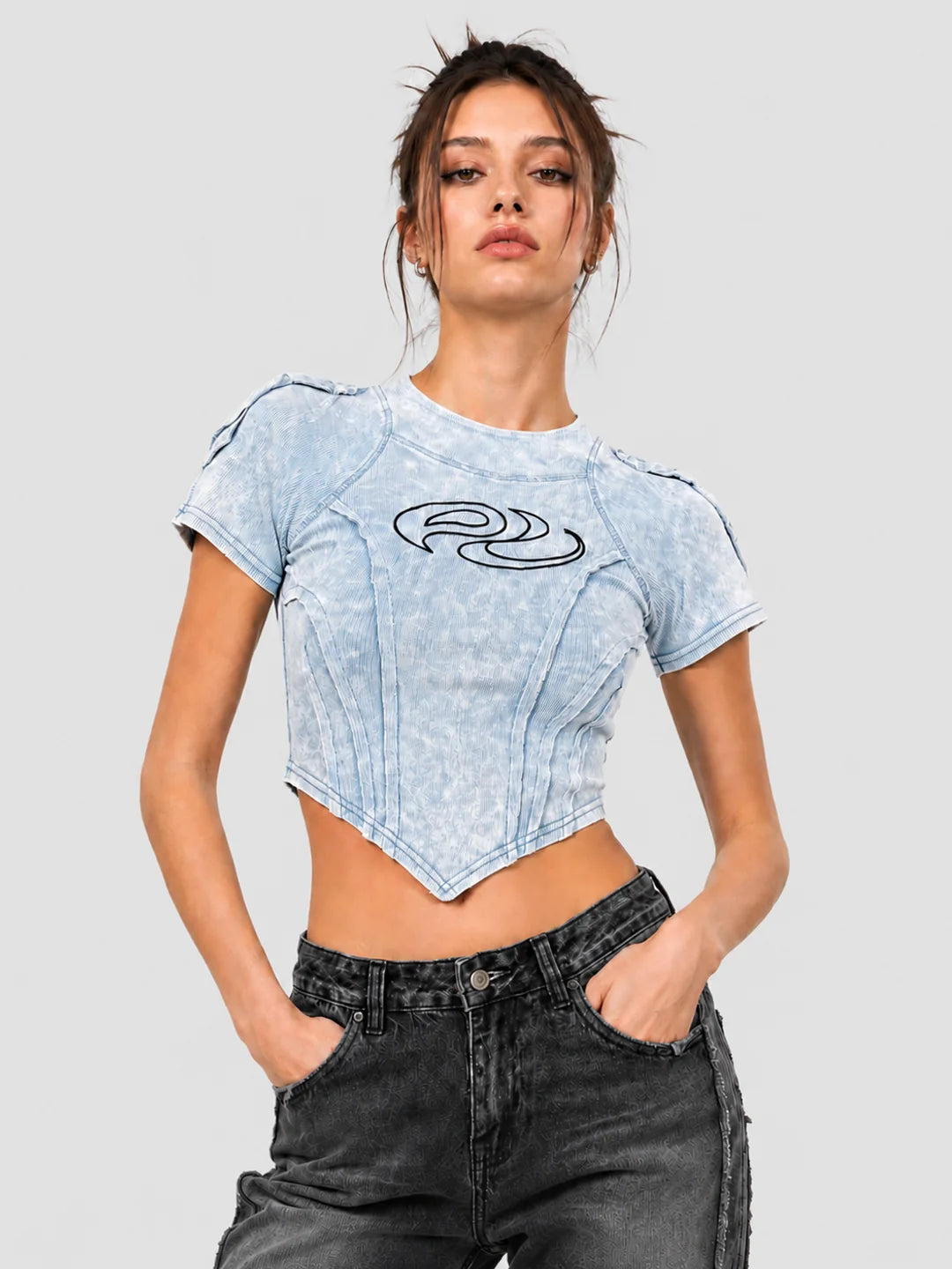 None Unit Deconstructed Armor washed mesh tee in blue front model view