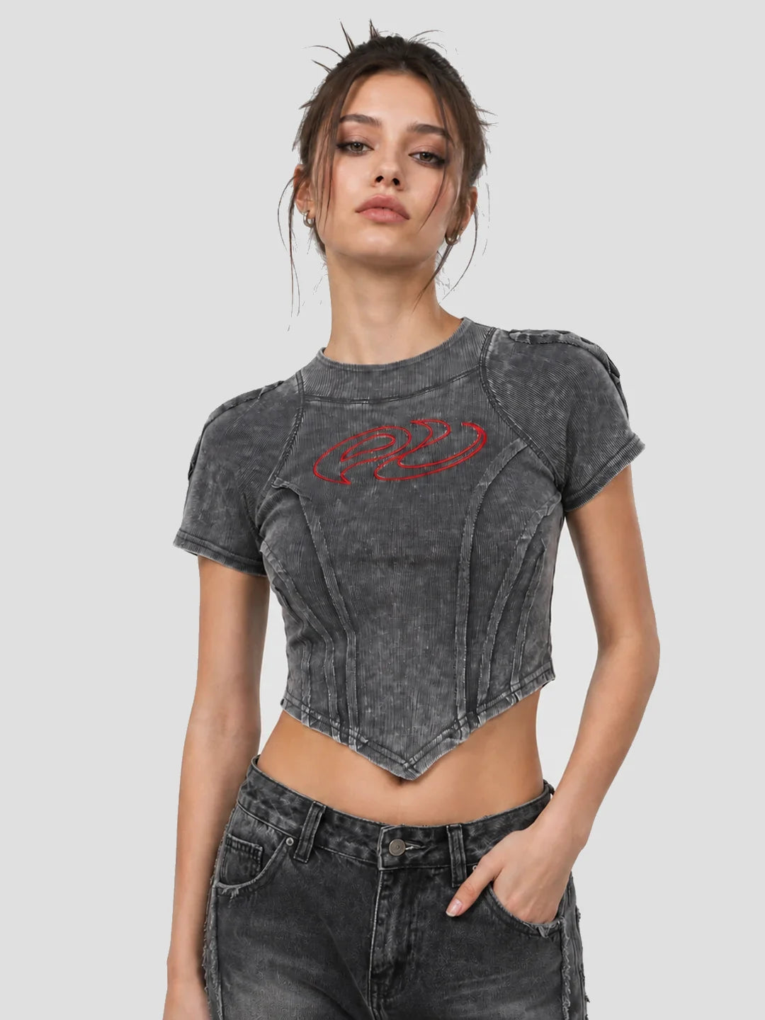 None Unit Deconstructed Armor washed mesh tee in gray front model view