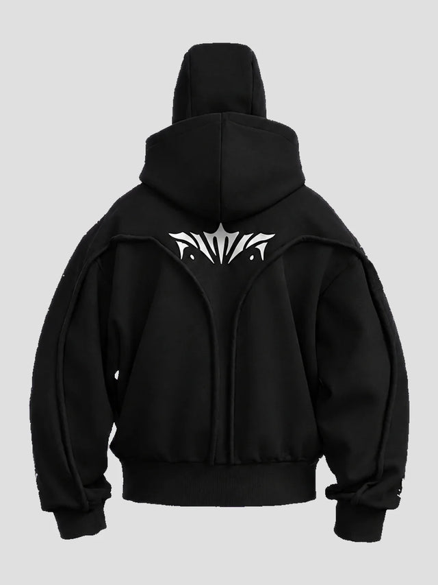 None Unit double hood mask zip hoodie in black, back view on clean light background