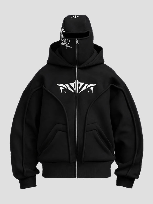 None Unit double hood mask zip hoodie in black, front view on clean light background