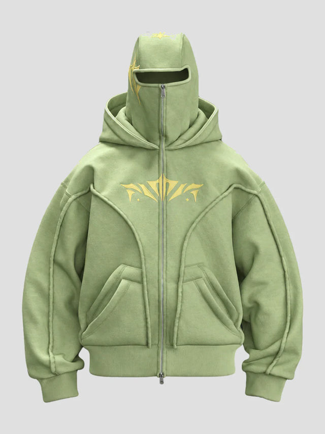 None Unit double hood mask zip hoodie in washed sage gray, front view on clean light background