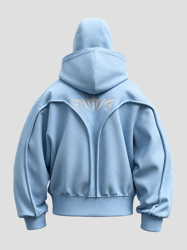 None Unit double hood mask zip hoodie in sky blue, back view on clean light background
