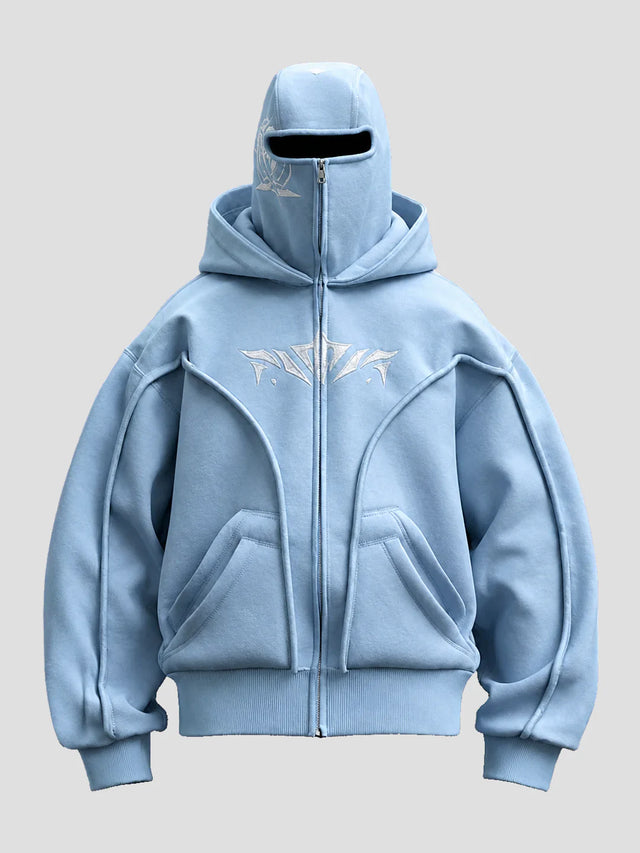 None Unit double hood mask zip hoodie in sky blue, front view on clean light background
