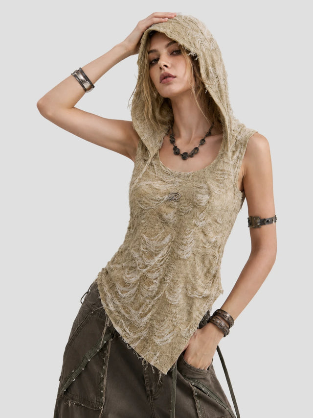 None Unit Dune Veil Shredded Hood Top in moss green model angle view