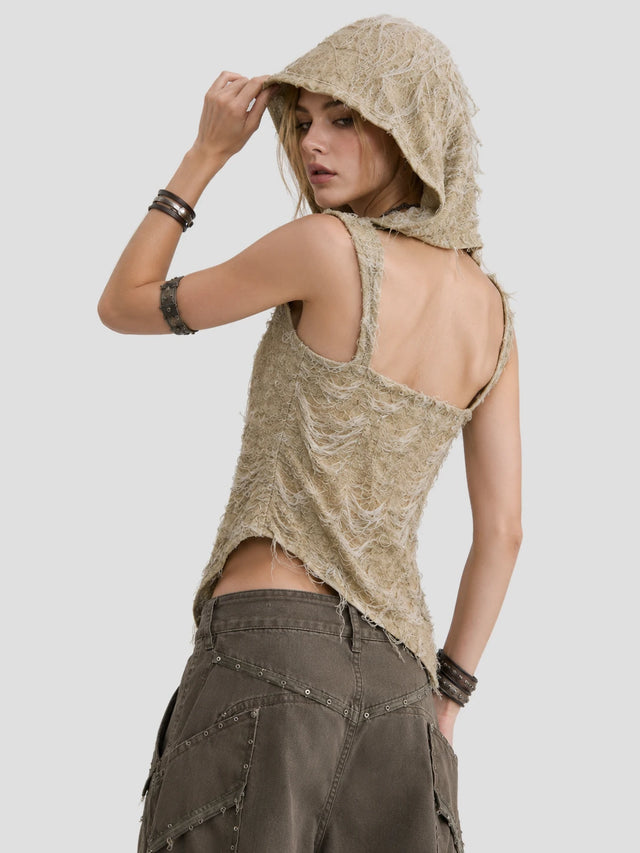 None Unit Dune Veil Shredded Hood Top in moss green model back view