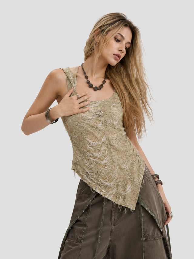 None Unit Dune Veil Shredded Hood Top in moss green model detail view