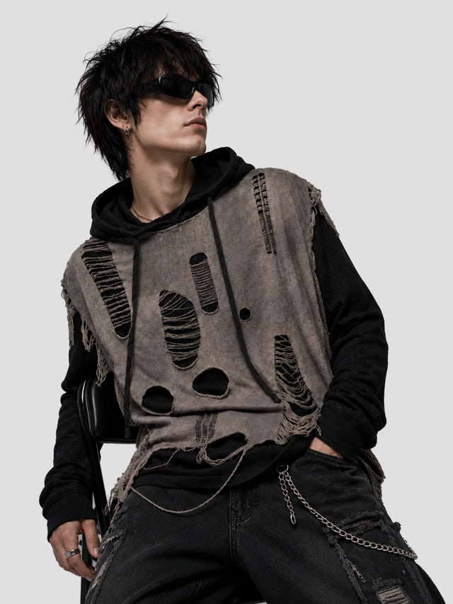 None Unit Dust Veil Shredded Layered Knit Hoodie in taupe model detail view