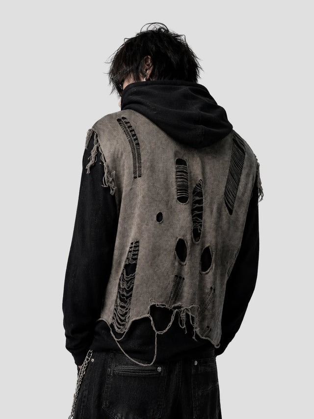 None Unit Dust Veil Shredded Layered Knit Hoodie in taupe product back view