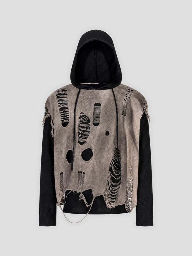 None Unit Dust Veil Shredded Layered Knit Hoodie in taupe product front view