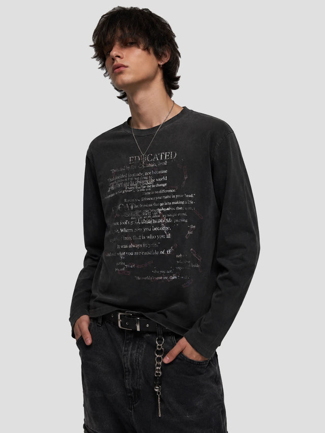 None Unit Educated Washed Long-Sleeve Tee in washed black model front view