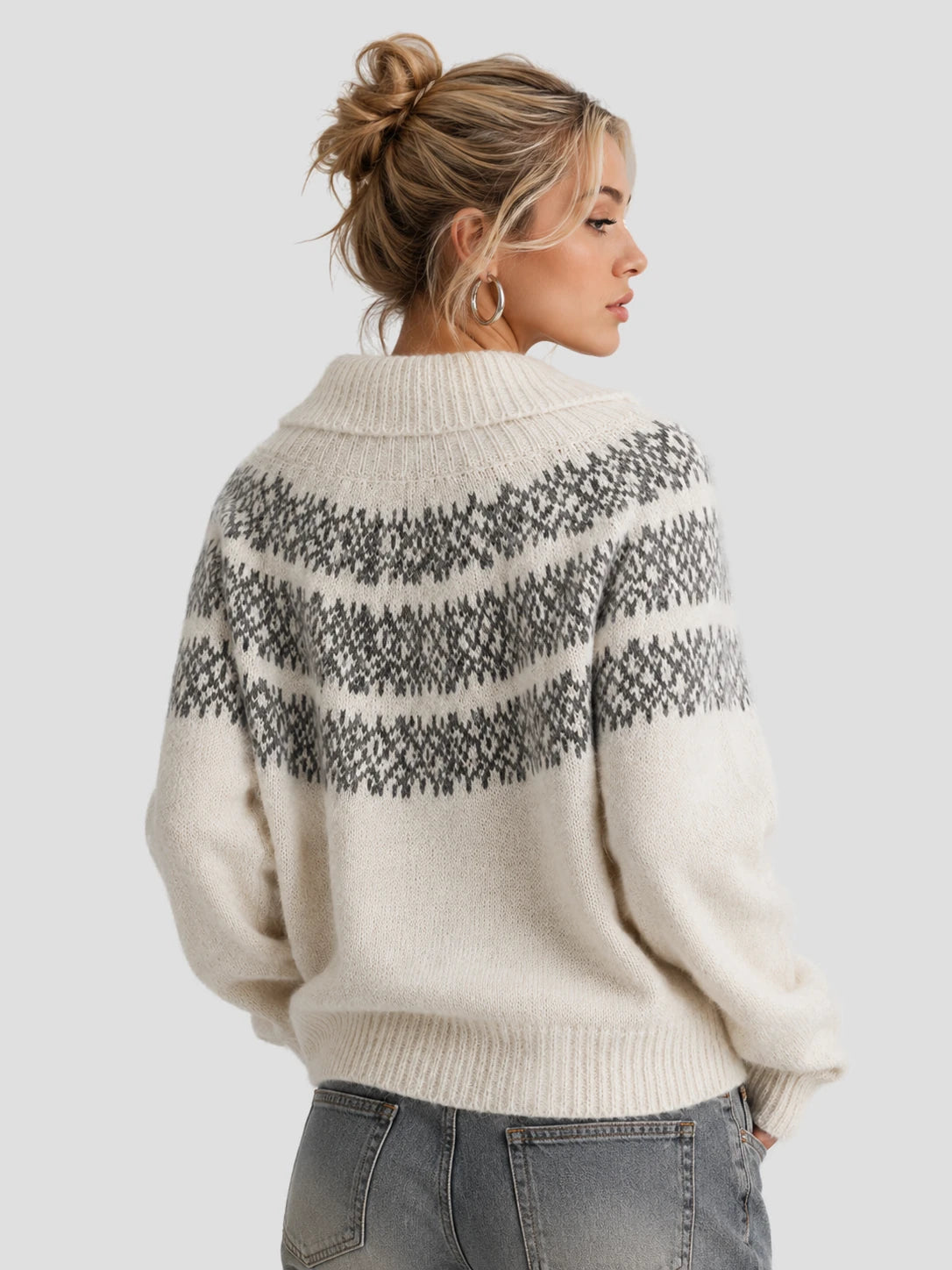 None Unit Fair Isle Half-zip Wool-blend Sweater in ivory female model back view