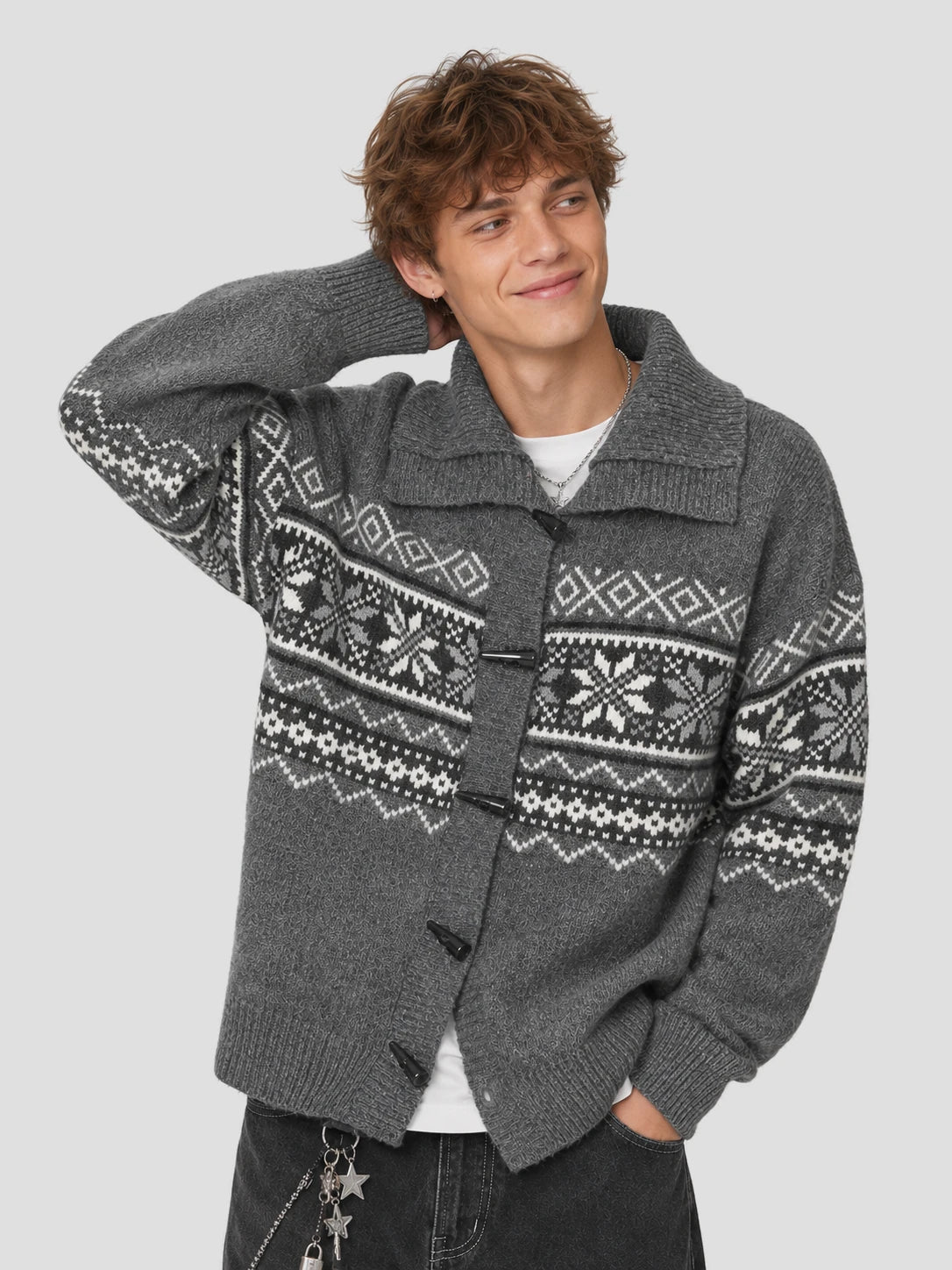 None Unit Fair Isle Toggle Cardigan in heather gray male model alternate front view