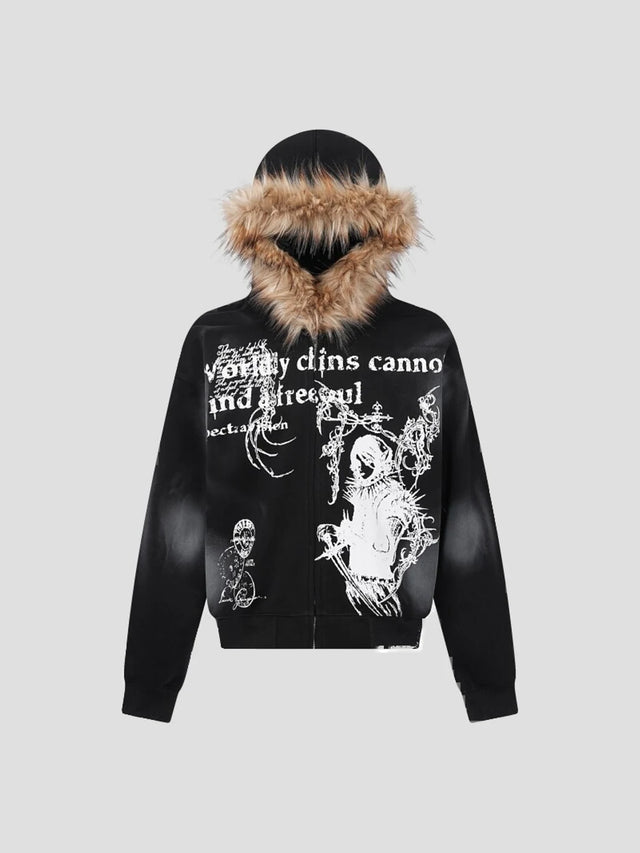 None Unit Fur-Trim Graphic Zip Hoodie in black product front view