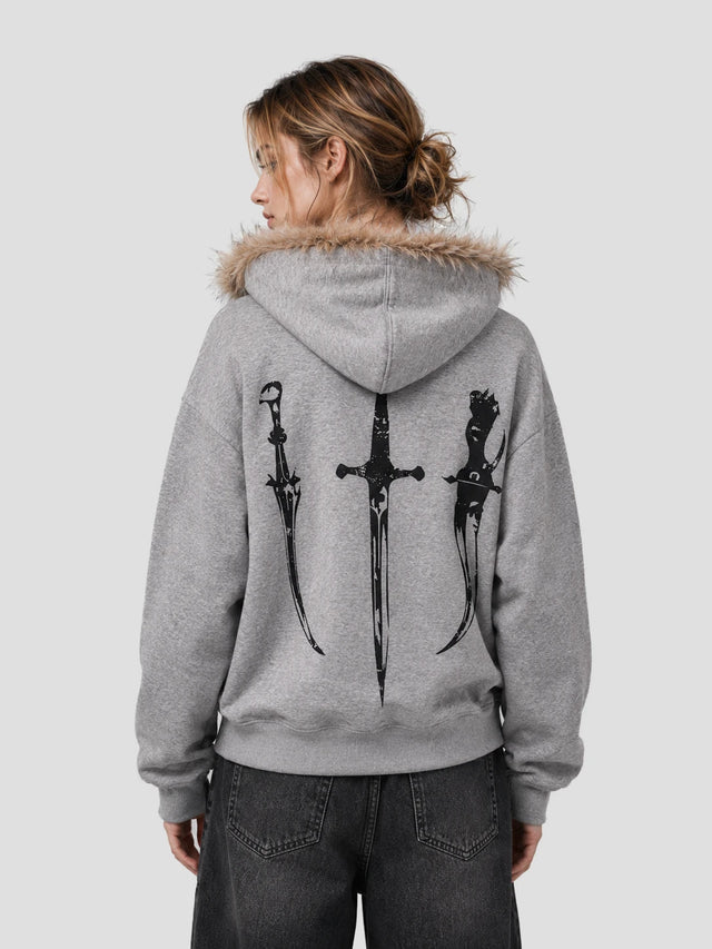 None Unit Fur-Trim Graphic Zip Hoodie in heather gray model angle view