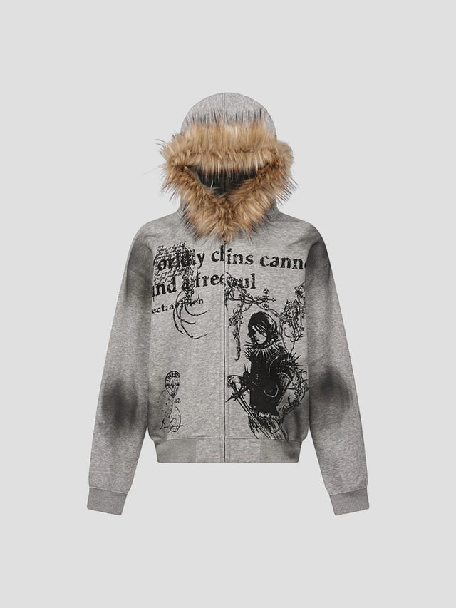 None Unit Fur-Trim Graphic Zip Hoodie in heather gray model back view