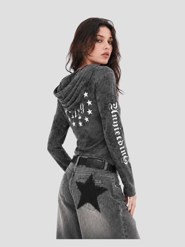None Unit Ghost Script Hooded Henley Top in ash grey model back view