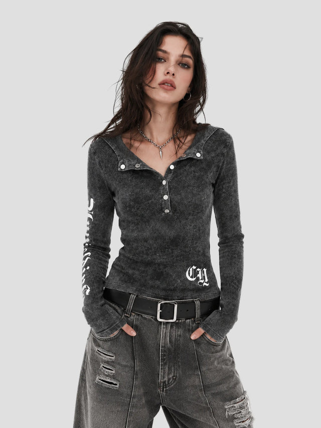 None Unit Ghost Script Hooded Henley Top in ash grey model front view