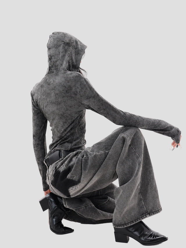 None Unit Ghost Script Hooded Henley Top in ash grey seated model view