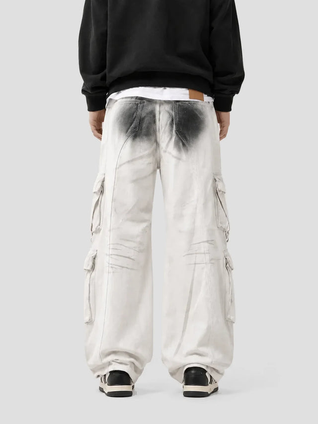 None Unit Ghost Wash Multi-Pocket Cargo Pants in white model back view